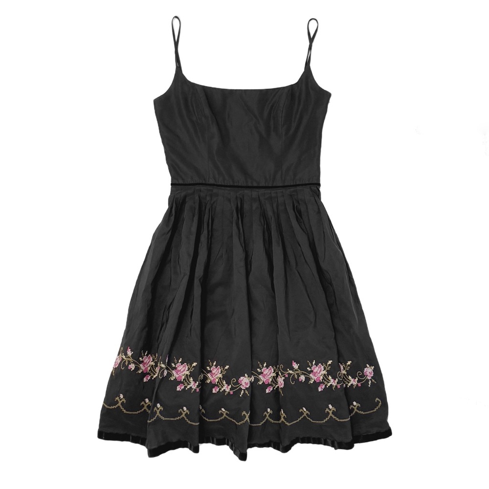 Vintage 90s ABS Evening Black Pleated Floral Cross Stitch Square Neck Dress